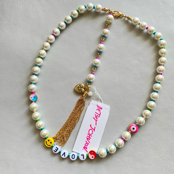 Betsey Johnson LOVE Pearl Rainbow Gold Tone Tassel Extender Collar Necklace NWT - Picture 7 of 14